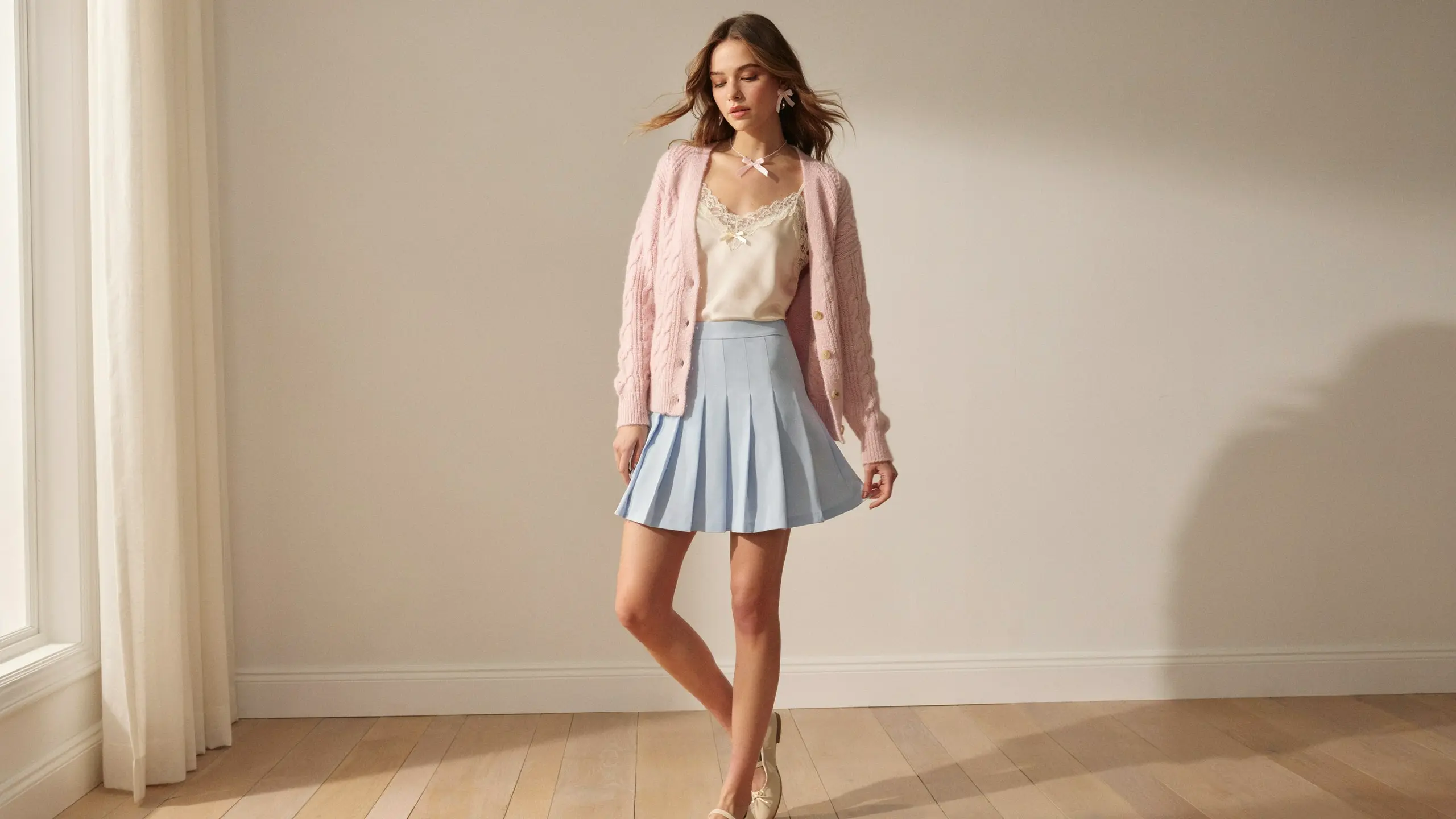 Everyday casual cute coquette outfit with soft cardigan, mini skirt and ballet flats aesthetic