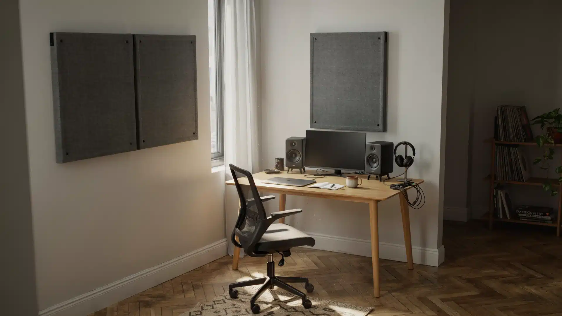 Home studio featuring DIY fabric acoustic panels mounted on walls around a desk with speakers and recording equipment