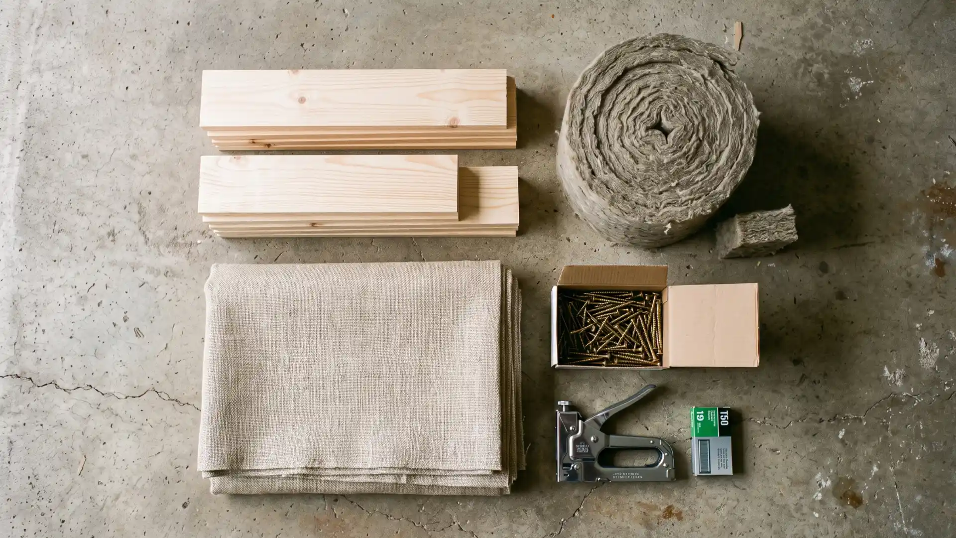 Craft materials for making fabric wall decor featuring wood strips, textured fabric roll, staples, and tools arranged together