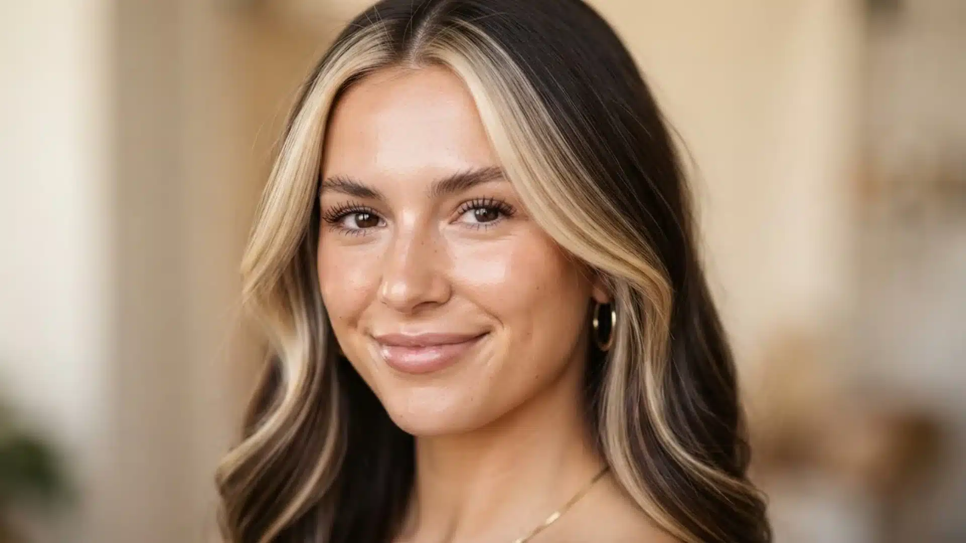 Woman with dark brown hair styled with bright blonde face-framing money piece highlights