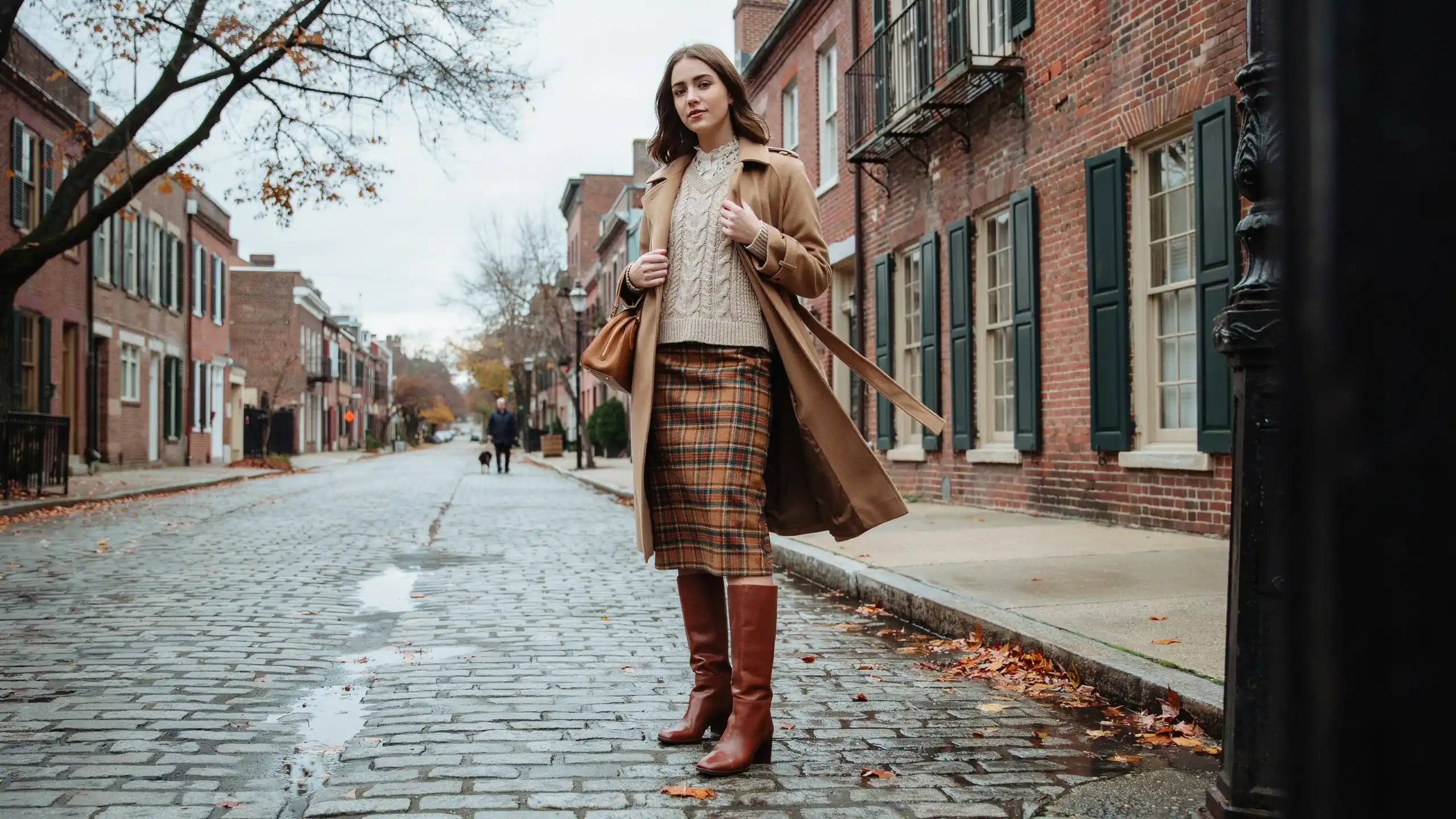 Fall and winter coquette style outfit with layered knitwear, plaid skirt and boots aesthetic look