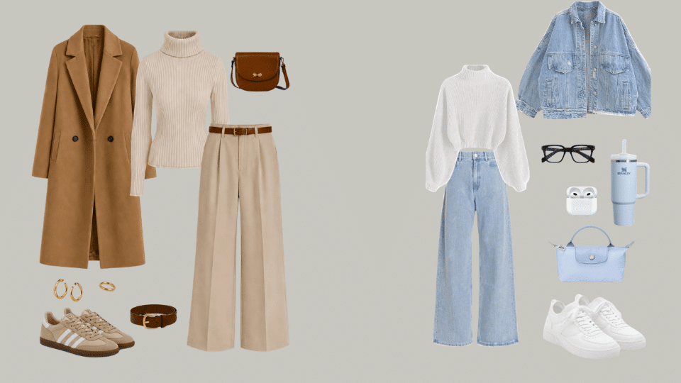 Fall minimalist outfit with a turtleneck, camel coat, denim, sneakers, and leather handbag.