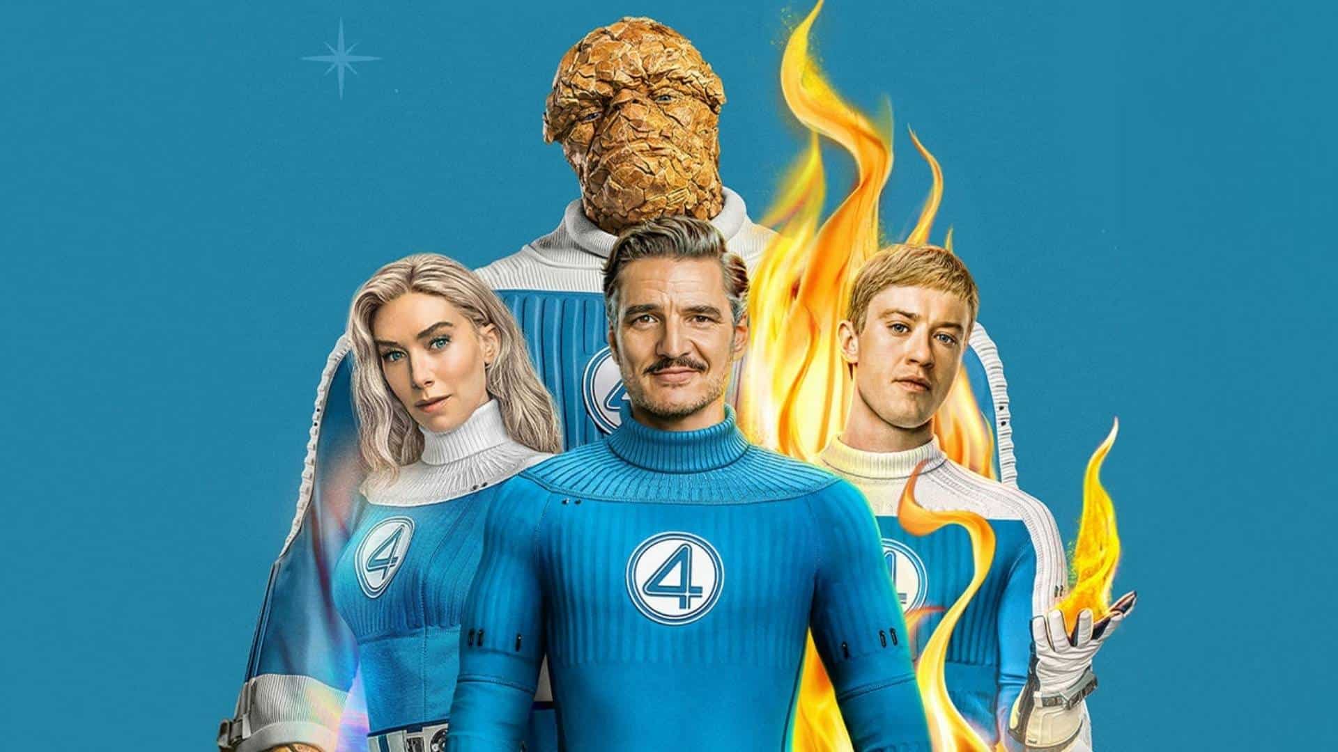 Fantastic Four cast in blue uniforms stands together, with the Human Torch's arm ablaze against a teal backdrop.