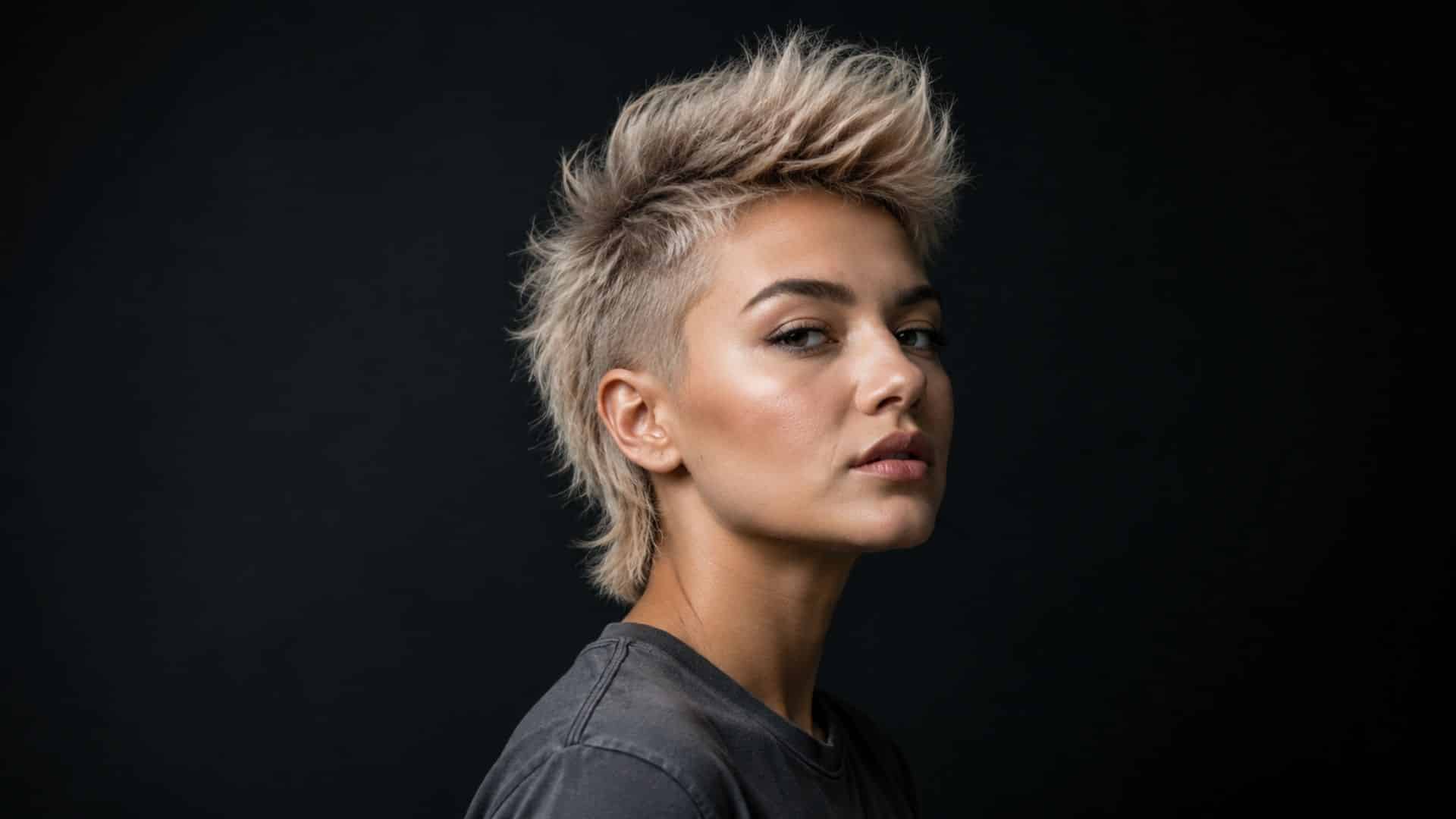 Spiky blonde faux hawk with shaved sides and textured, piecey top.