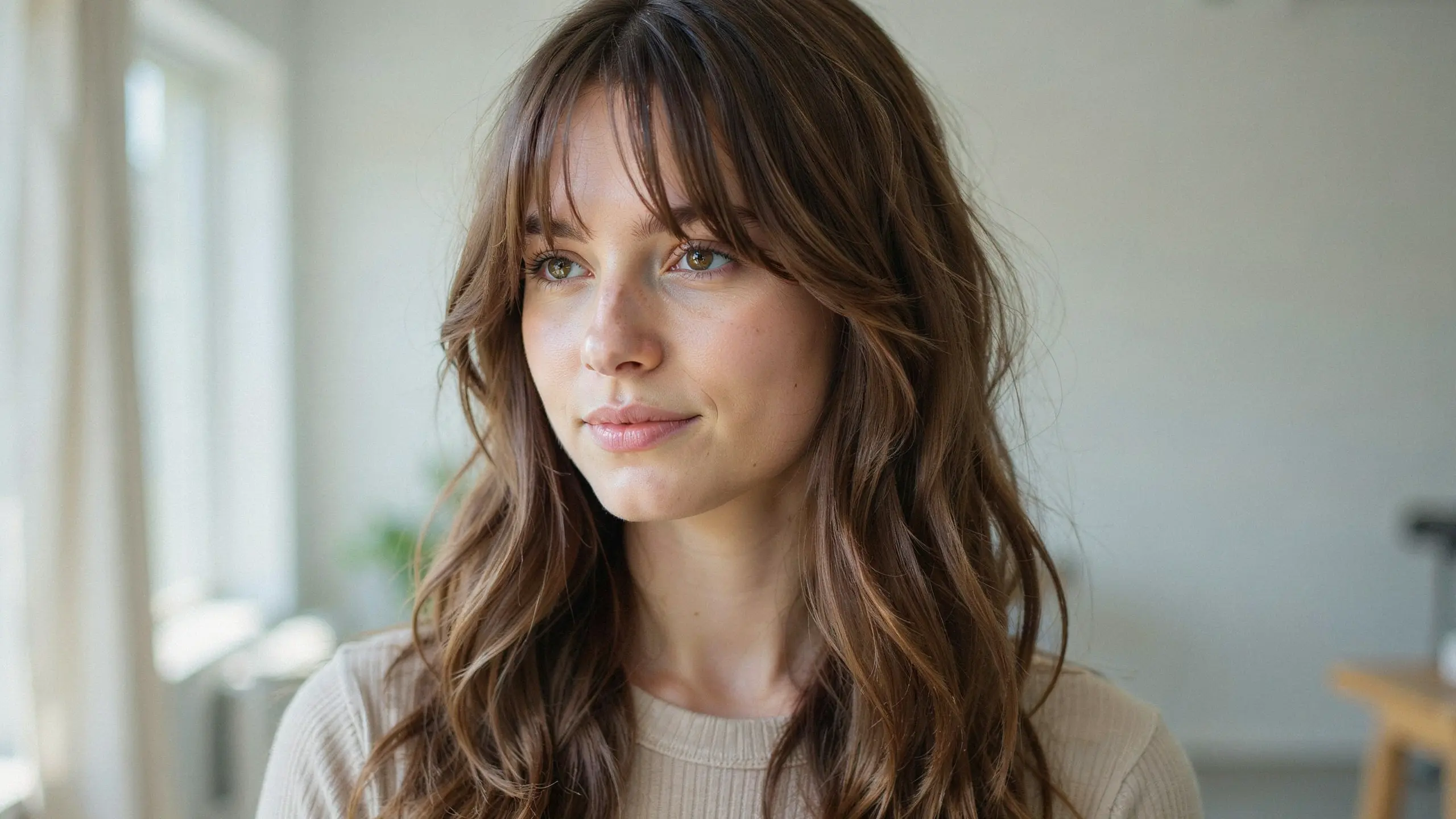 Feathered bangs with soft layers and flowing hair creating a lightweight textured hairstyle