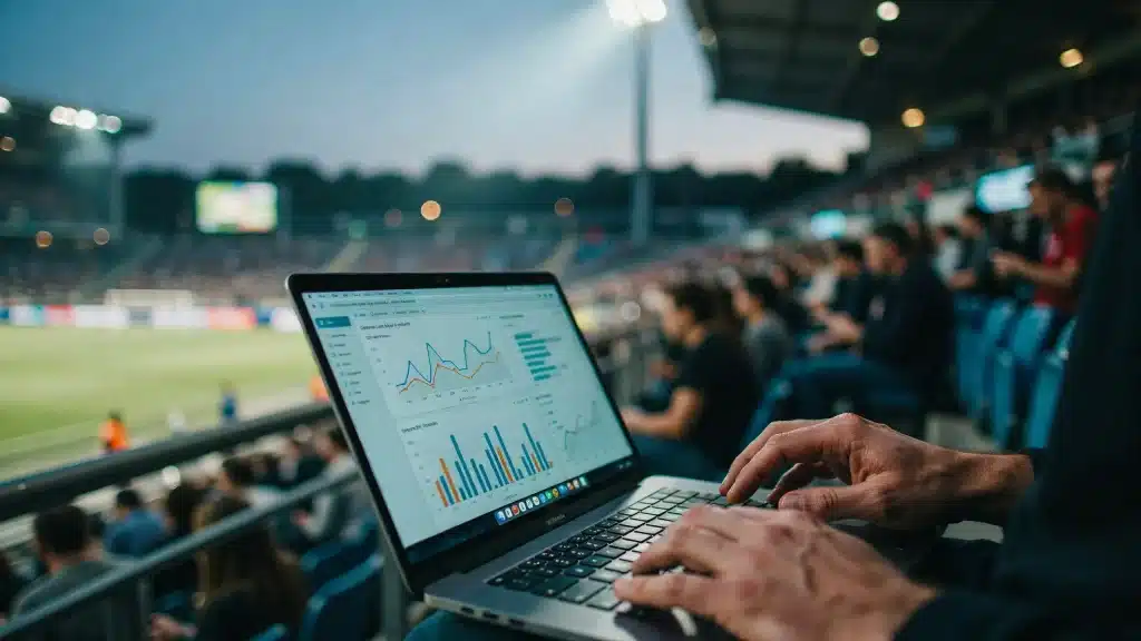 Sports analyst reviewing game data on a laptop inside a stadium