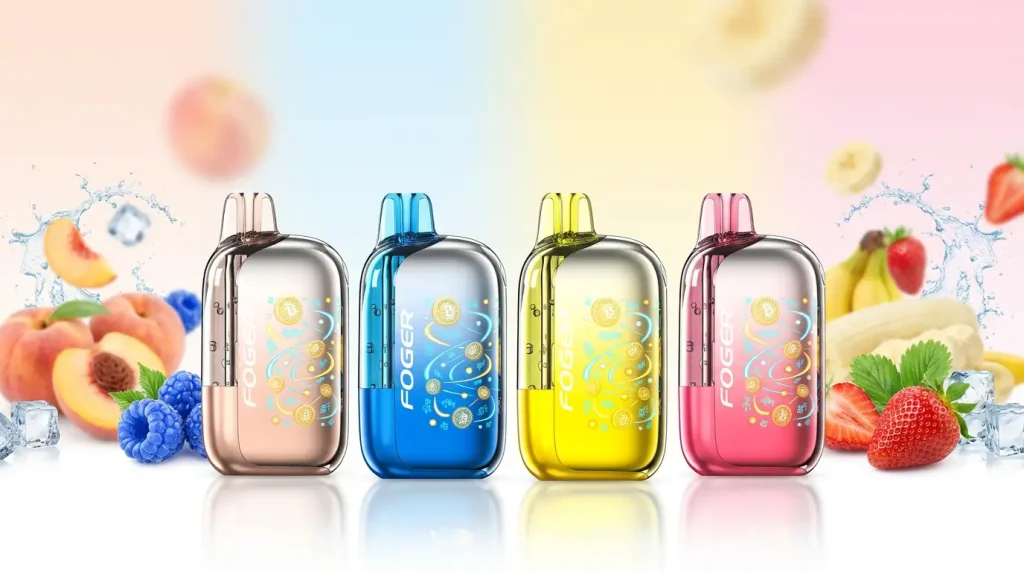 Four colorful vape devices with fruit and ice cube imagery on a gradient background