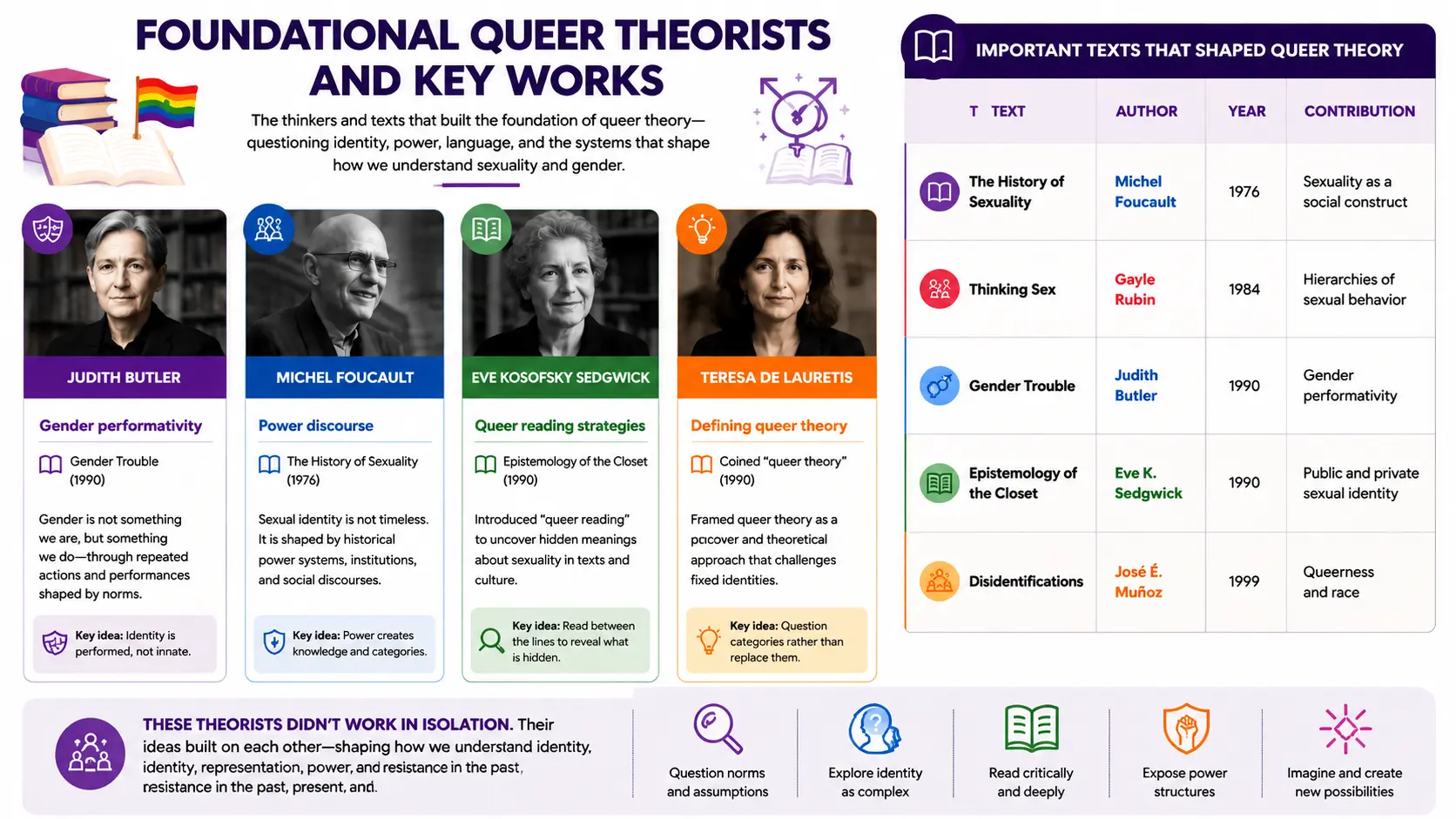 Infographic of foundational queer theorists Butler, Foucault, Sedgwick, and de Lauretis and their key texts