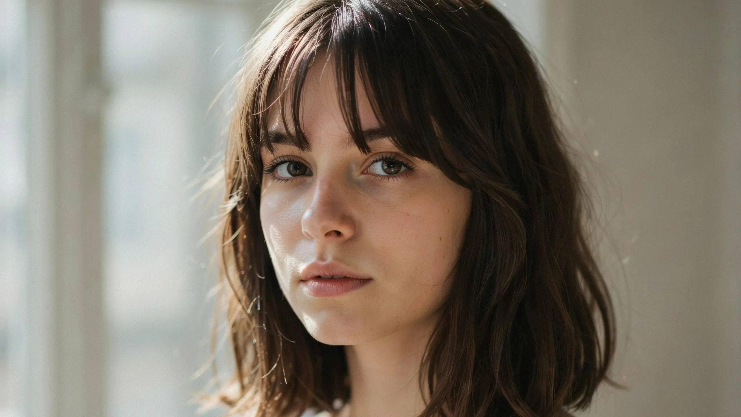 French bangs with soft textured fringe and shoulder length hair creating a relaxed Parisian hairstyle