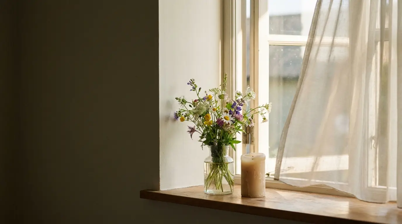 Flowers in glass vase and candle on windowsill with sheer curtain in soft light