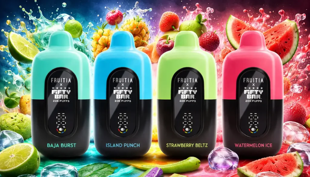 Colorful vape pens with fruit splashes in vibrant background, including limes and strawberries