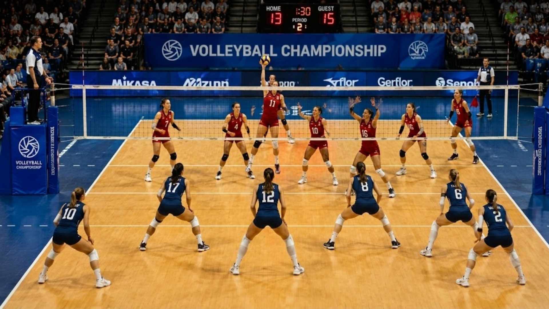A wide-angle 16:9 action shot of a women's volleyball match with a blue and red team and a scoreboard.