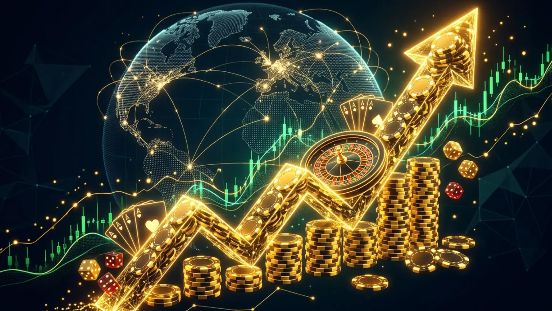 Gold coins, roulette wheel, and upward stock chart on digital world map background