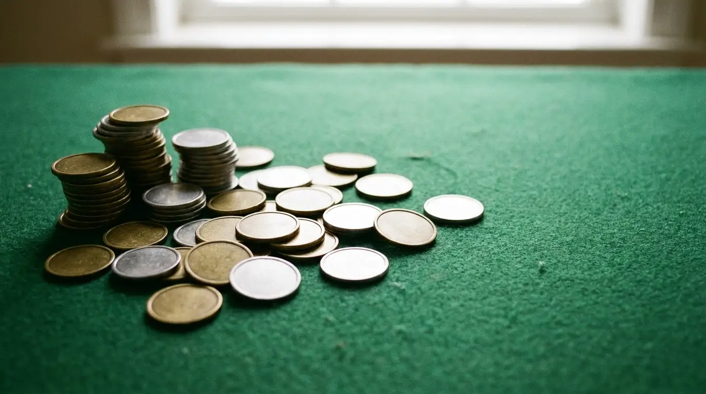 Stacks of assorted coins on a green felt surface with natural light