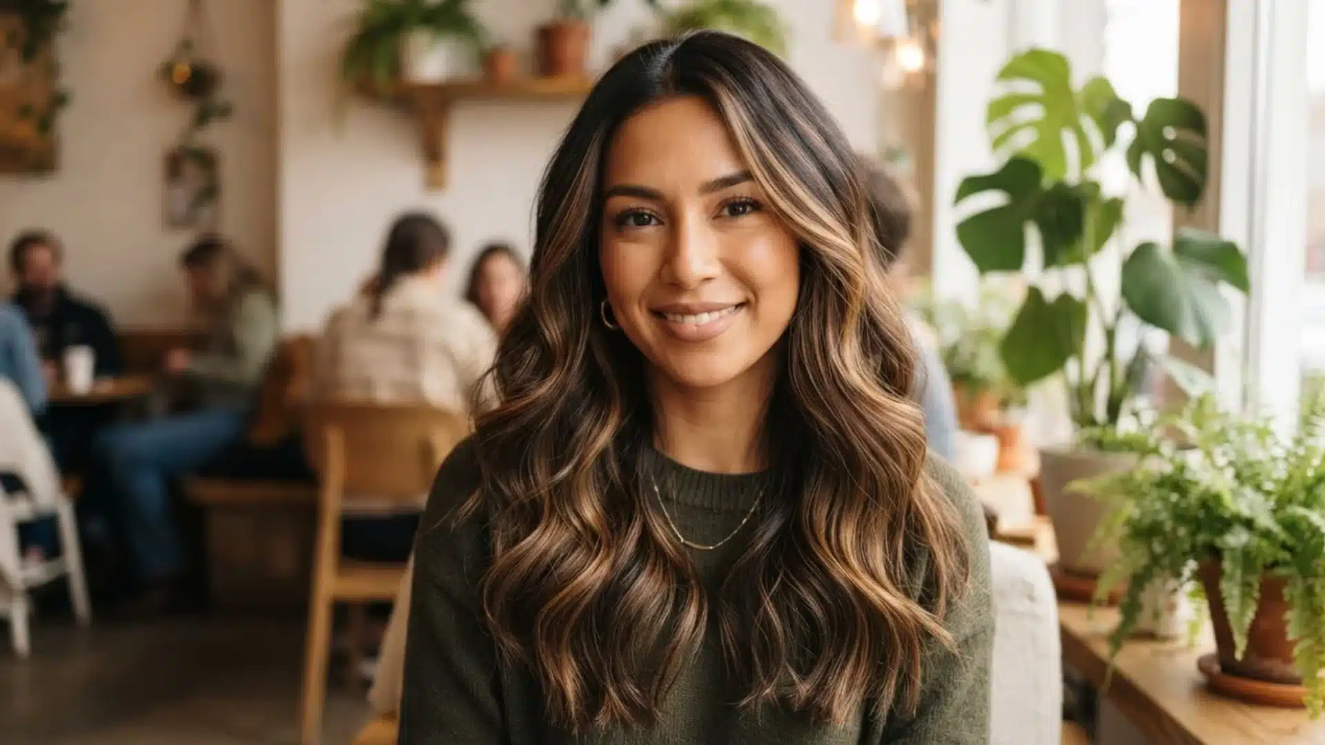 dark brown hair with golden brown highlights on wooden surface