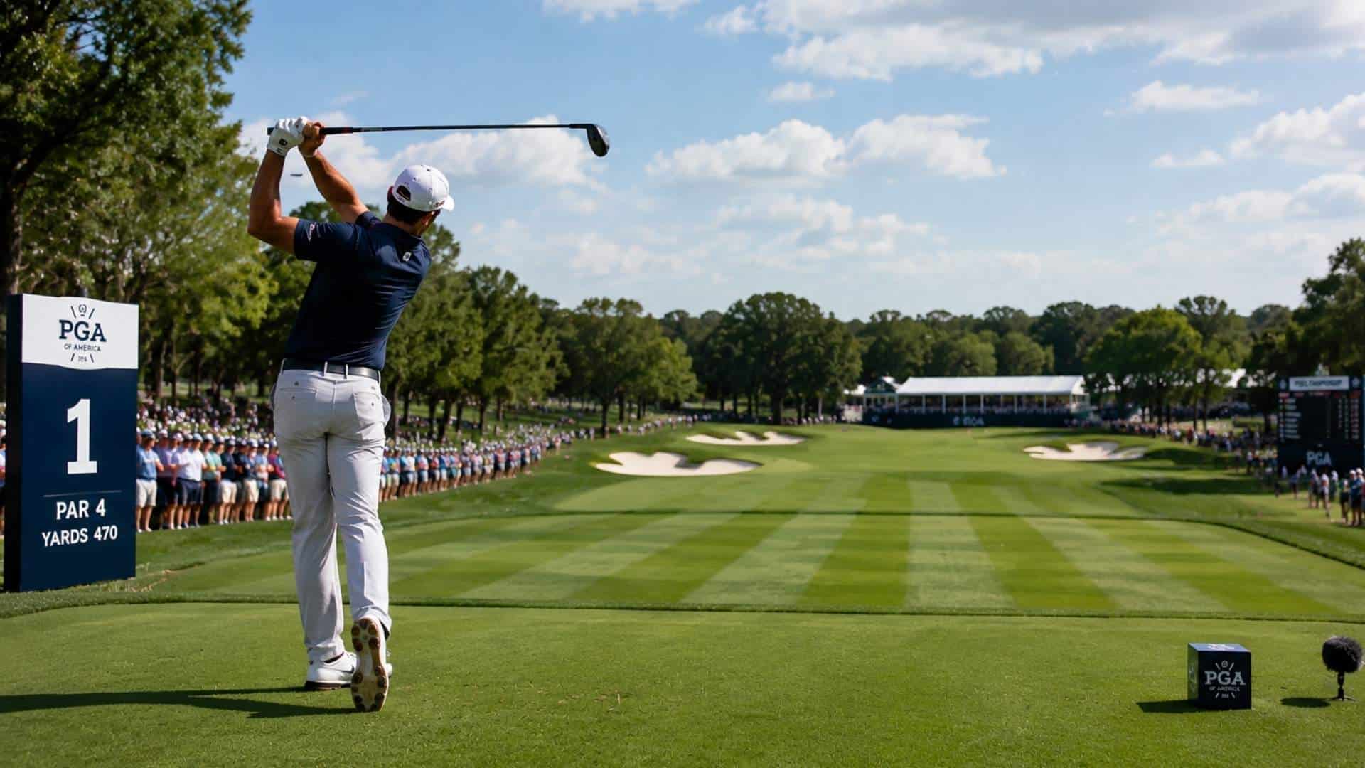 a golfer drives off the tee at a PGA Championship event