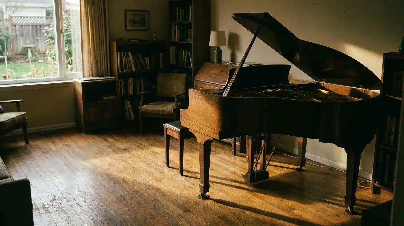 Grand piano in cozy living room with wooden floors and bookshelves under soft natural light