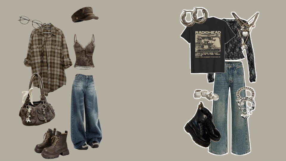 grunge indie outfit with flannel shirt, ripped jeans, band tee, combat boots.