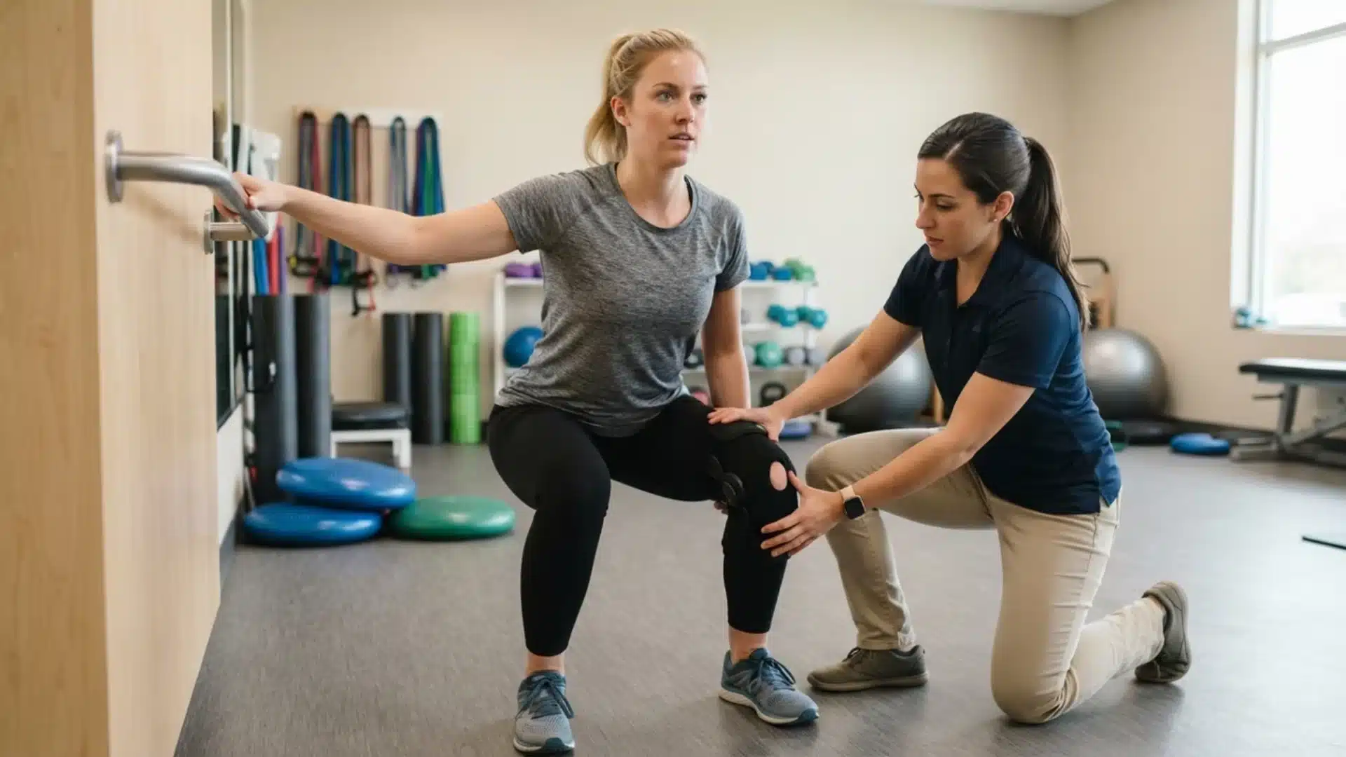 A therapist guides a patient performing a squat while wearing a supportive knee brace