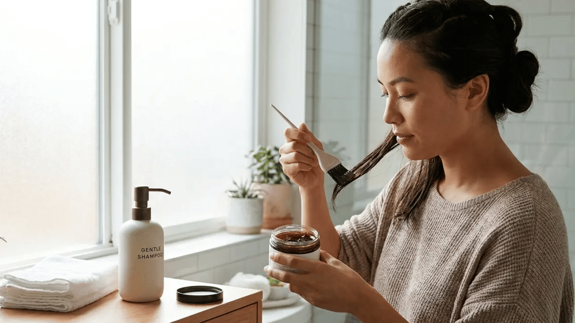 Woman applying hair gloss treatment at home with hair resting naturally, brush coating strands root to tip in bright bathroom