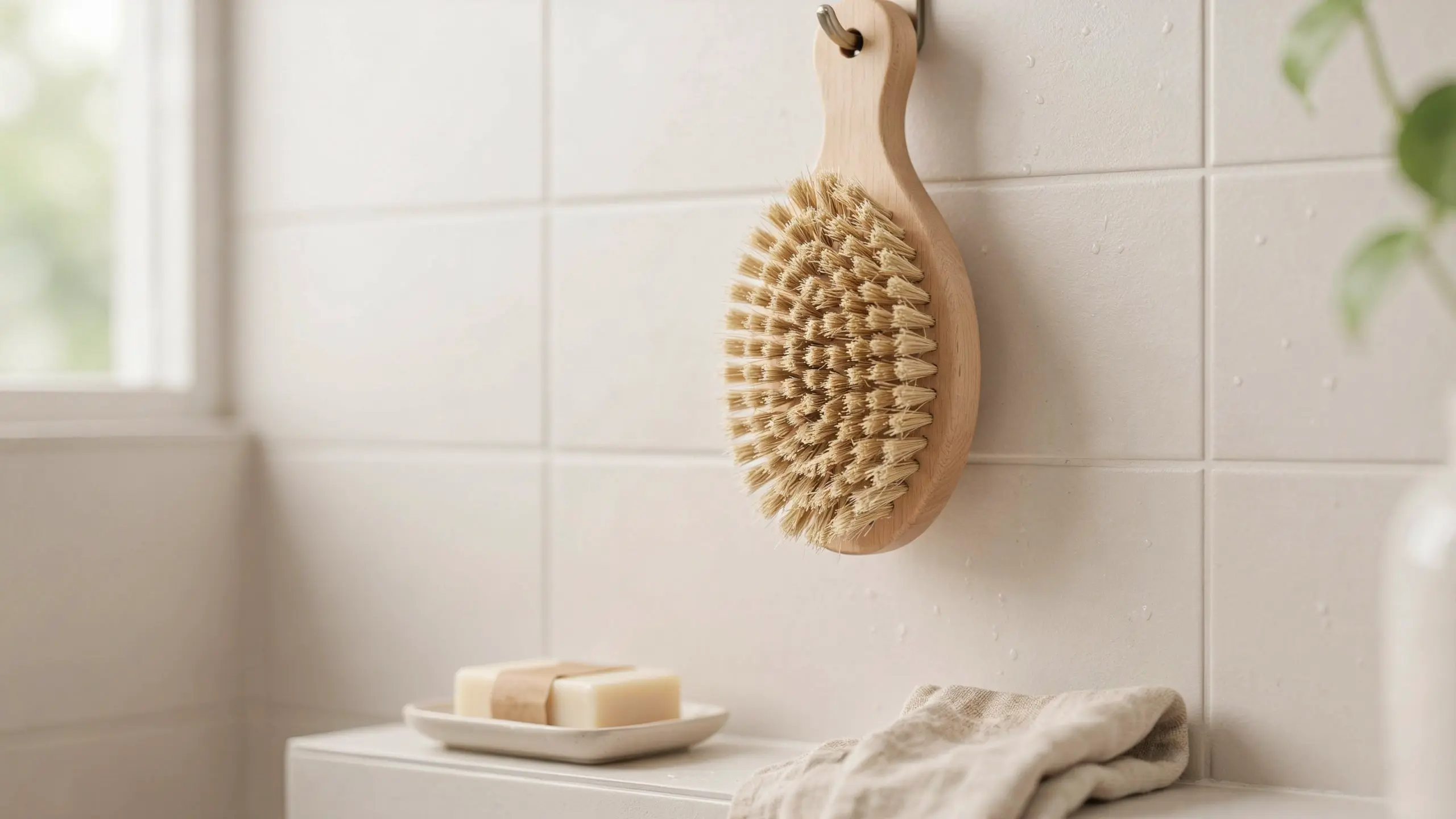 Dry brush hanging on a hook to air dry in a clean, dry bathroom space