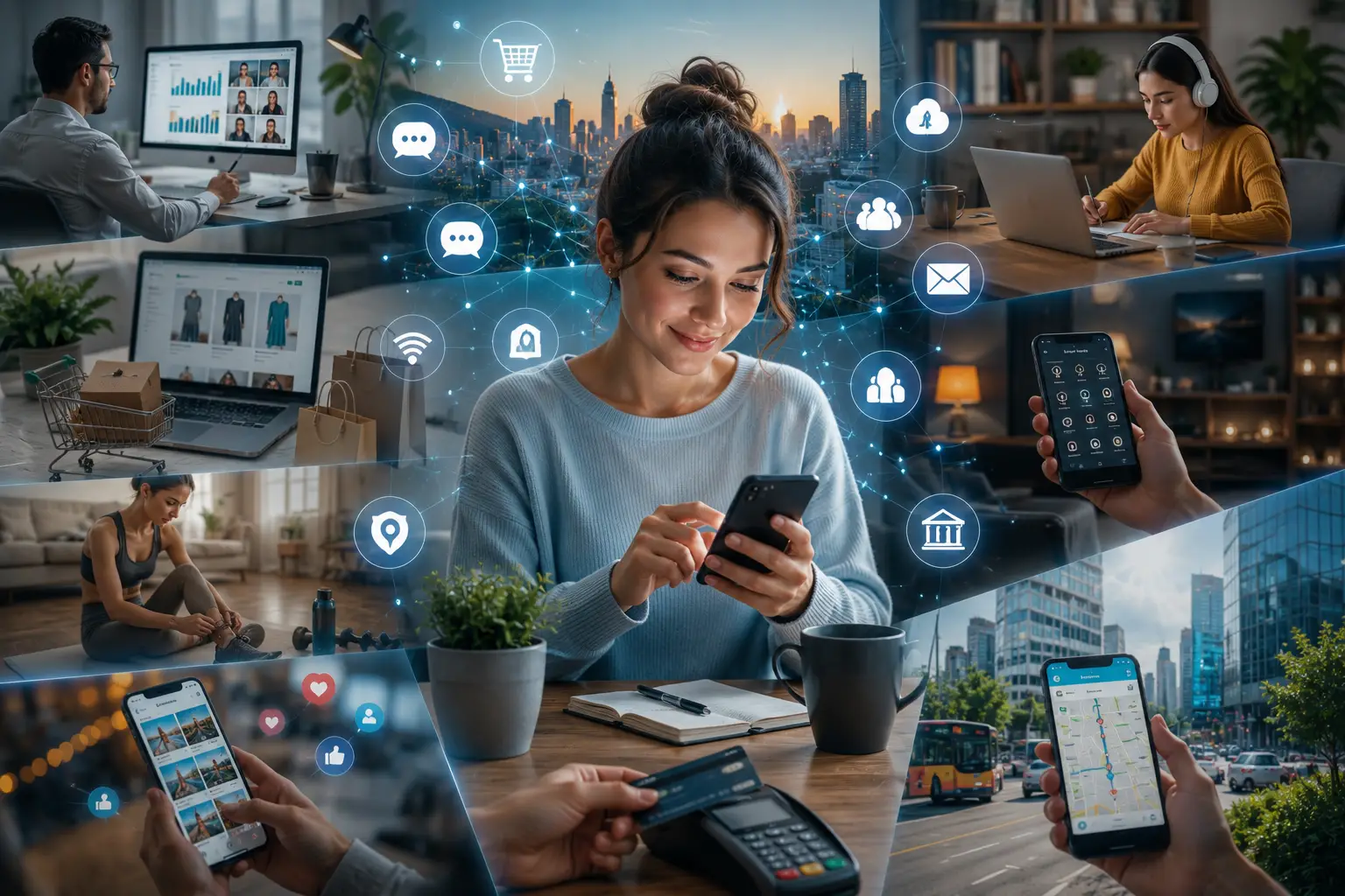 Woman using smartphone surrounded by digital icons representing online connectivity and smart technology