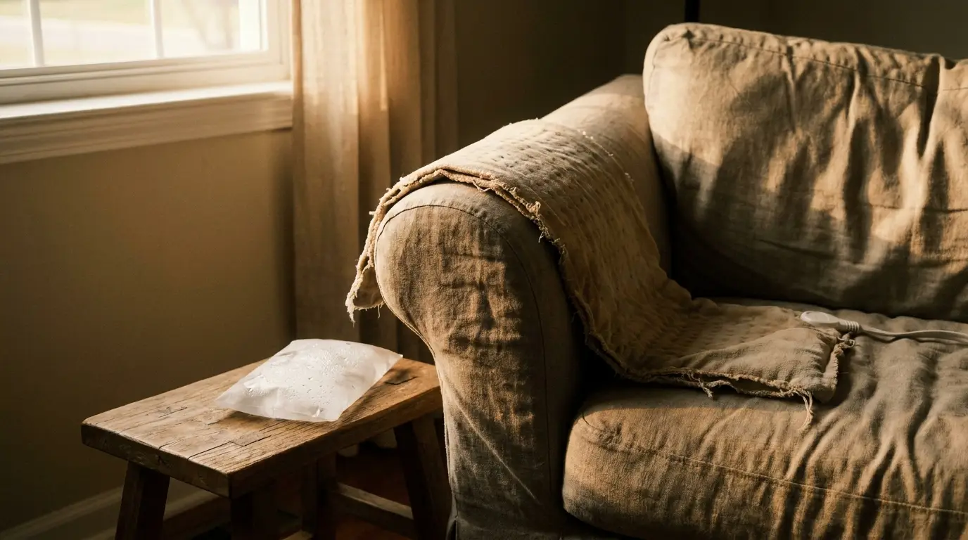 Cozy beige sofa and wooden stool in warm natural light near window