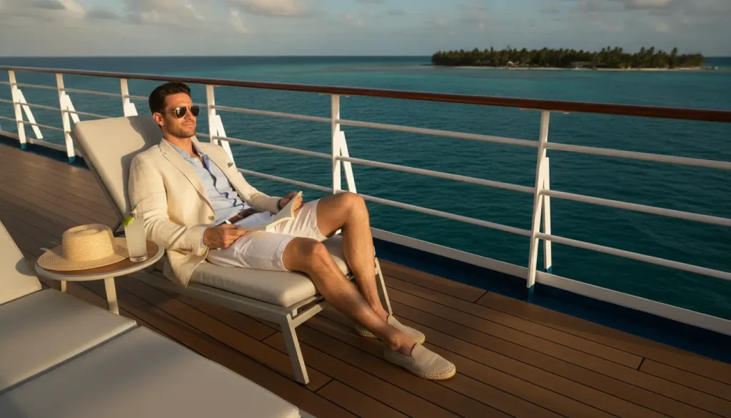 Man relaxing on cruise ship deck chair reading a book with ocean view