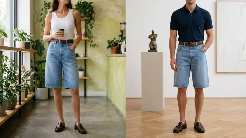 Woman and man styling high waisted jorts with vintage inspired casual outfits.