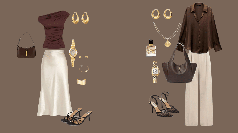 Holiday minimalist outfit with a silk shirt, tailored trousers, heels, gold jewelry, and handbag.
