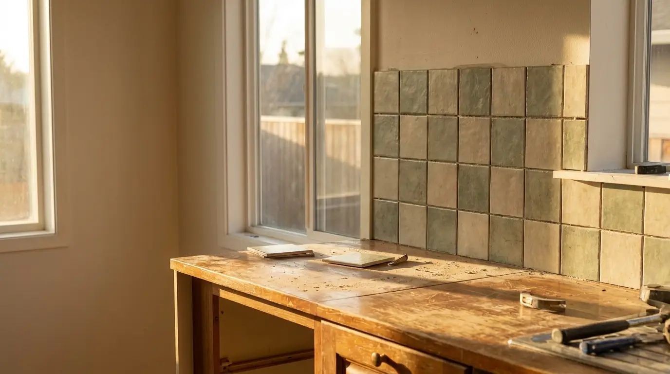 Wooden countertop with green and beige tile backsplash in sunlit kitchen renovation setting