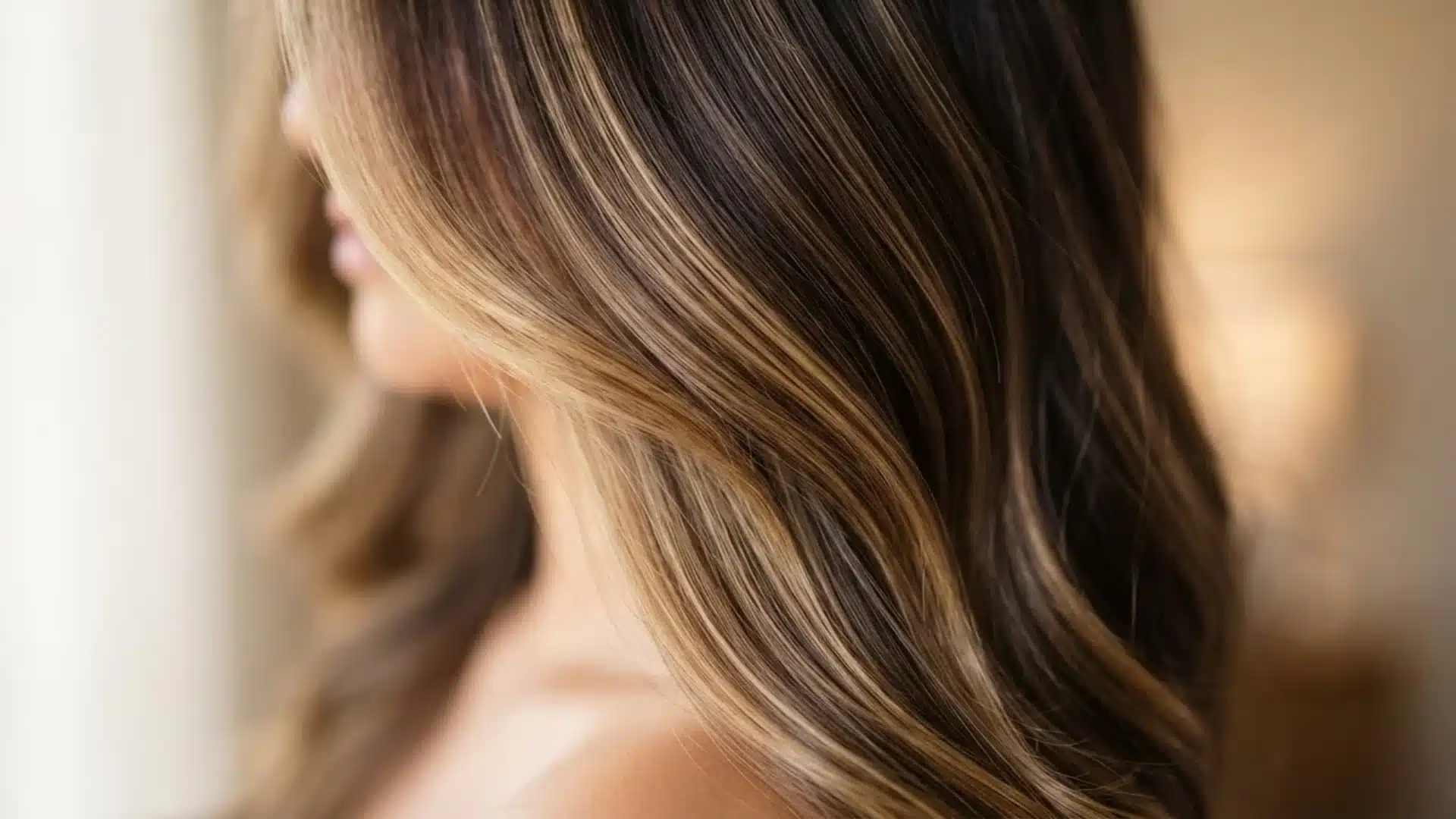 Close-up of long, wavy dark brown hair styled with warm honey-blonde highlights throughout
