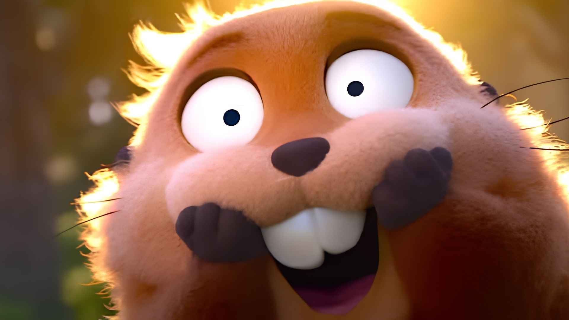 Close-up of a surprised animated beaver with wide eyes and big teeth glowing in warm golden forest light.