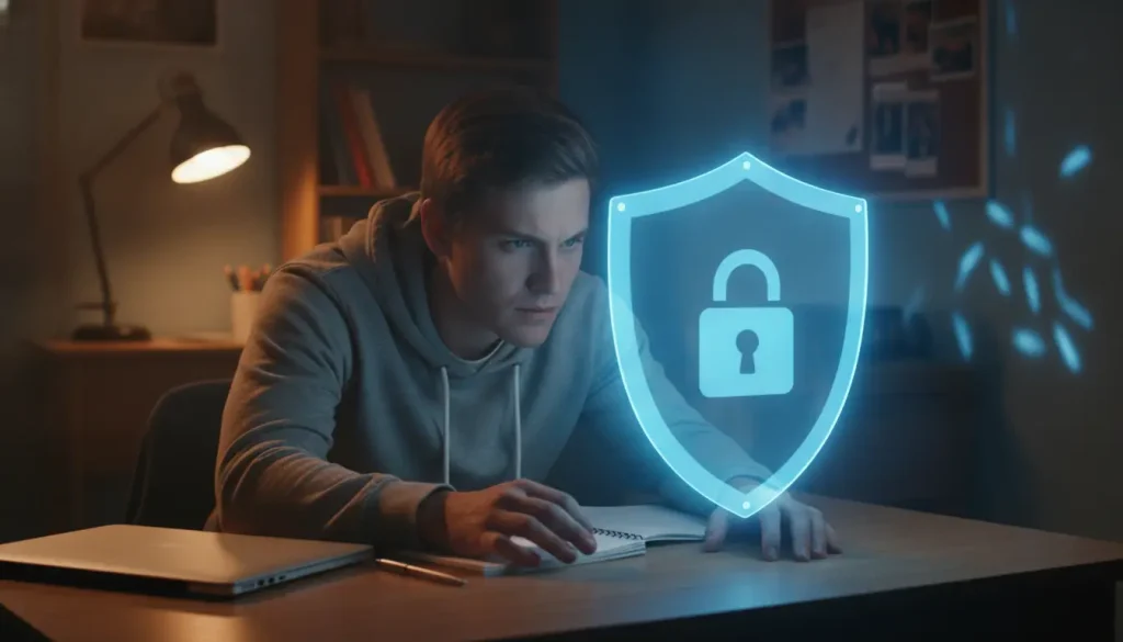 Man in hoodie studying holographic lock icon in dimly lit room with laptop and notebook