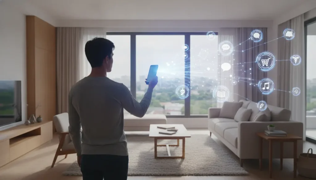 Person using smartphone with digital icons in modern living room near large window