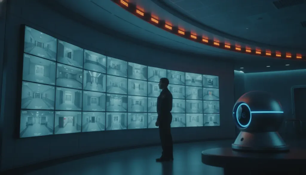 Security officer monitoring multiple surveillance screens in control room with blue lighting and camera device
