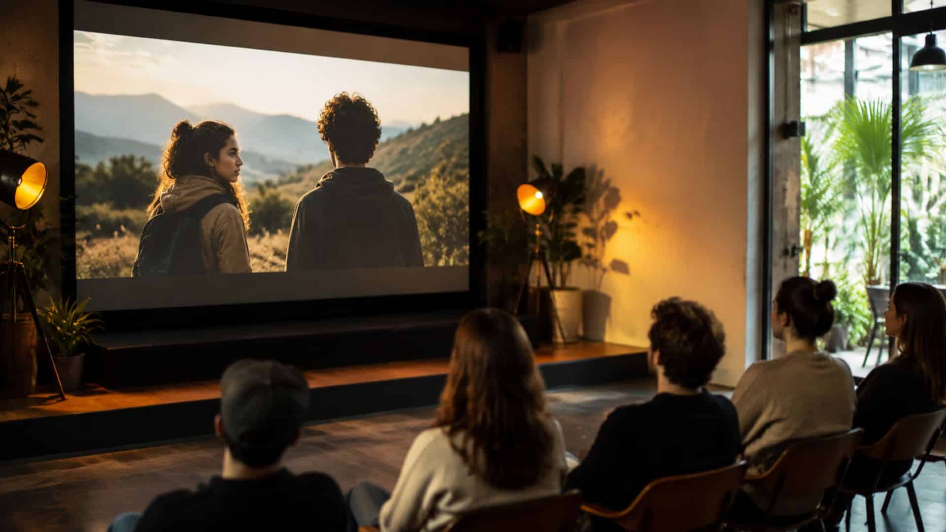 Small audience watching indie film in a cozy modern room with sunset landscape projected on screen, warm lighting