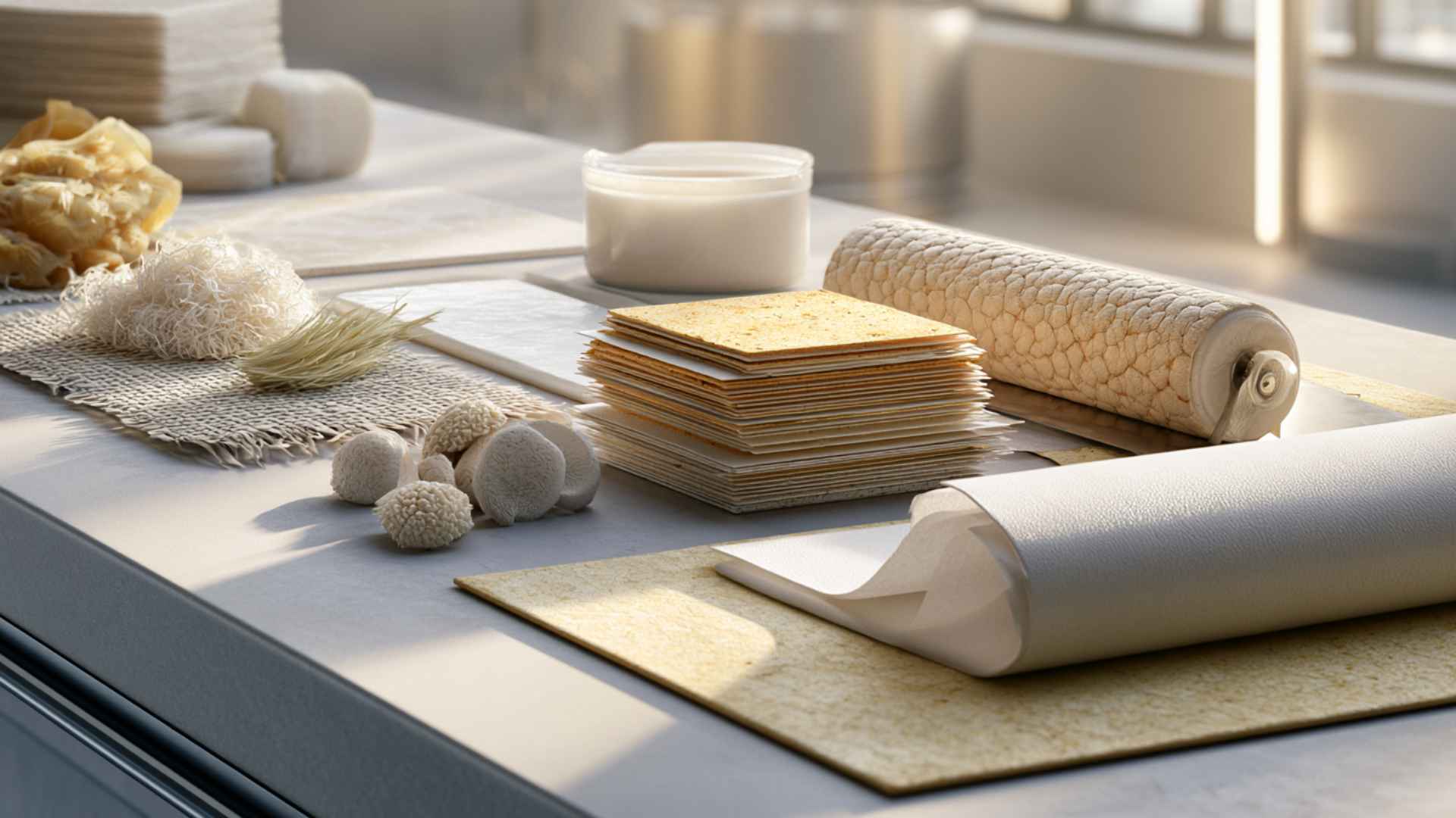 Vegan leather manufacturing process showing plant fibers, coated layers, textured sheets, and finished leather-like material.