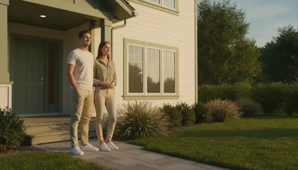 Couple standing outside modern house in warm sunlight with surrounding green lawn and bushes