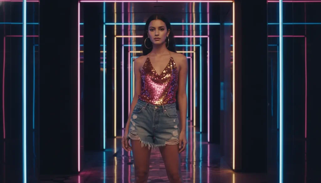 Woman in sequined top and denim shorts standing in neon-lit corridor with colorful lights