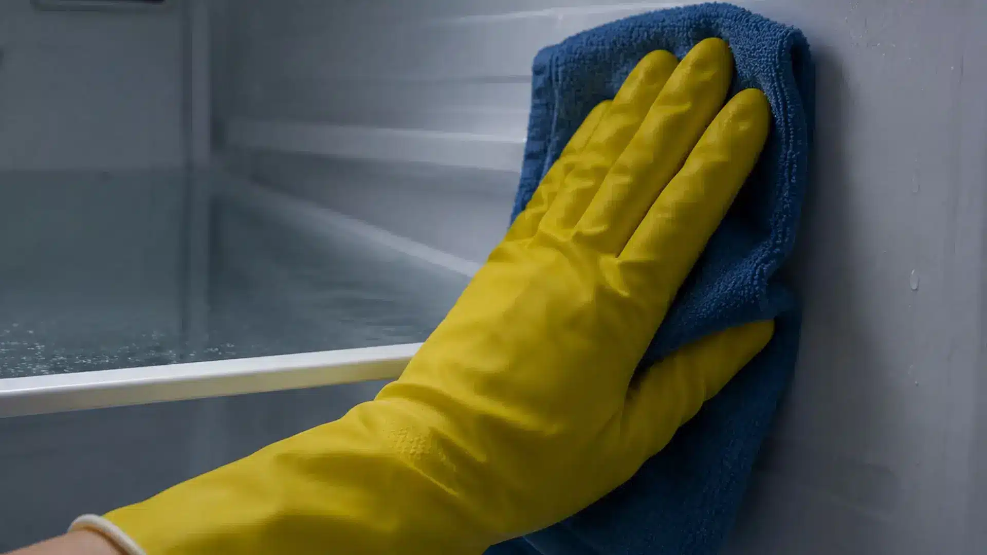 A yellow-gloved hand demonstrates how to clean a refrigerator's interior wall using a blue microfiber cloth