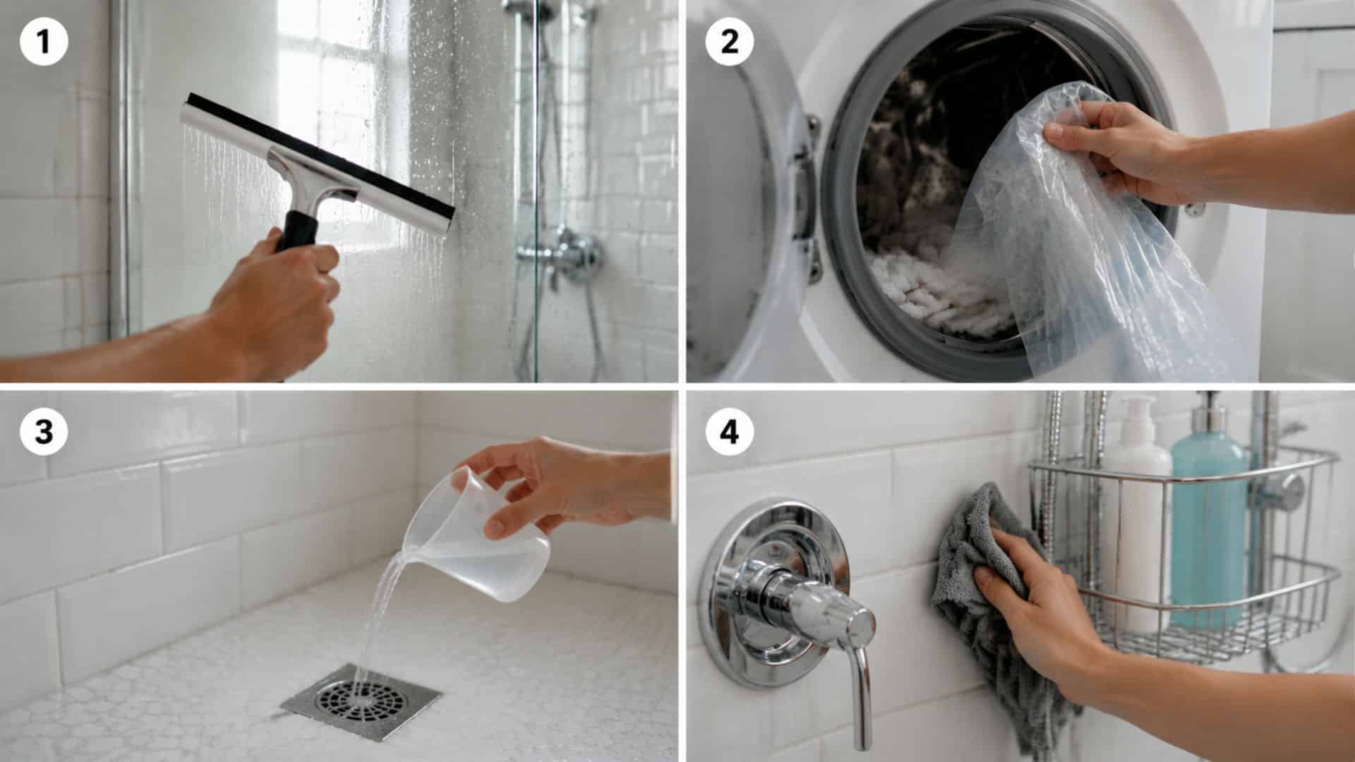 4 panel bathroom cleaning guide showing numbered steps wiping glass door washing curtain rinsing drain wiping fixtures