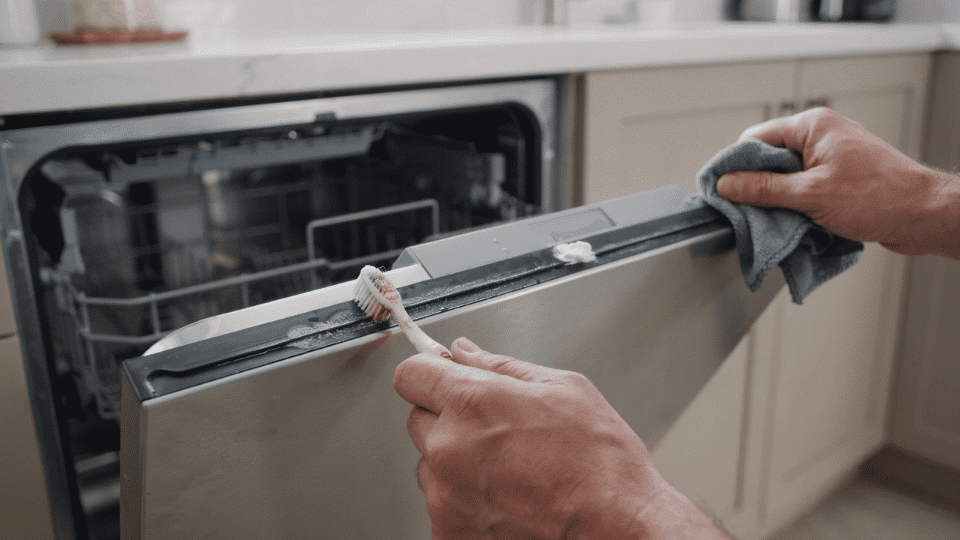 A person cleaning dishwasher door with a brush