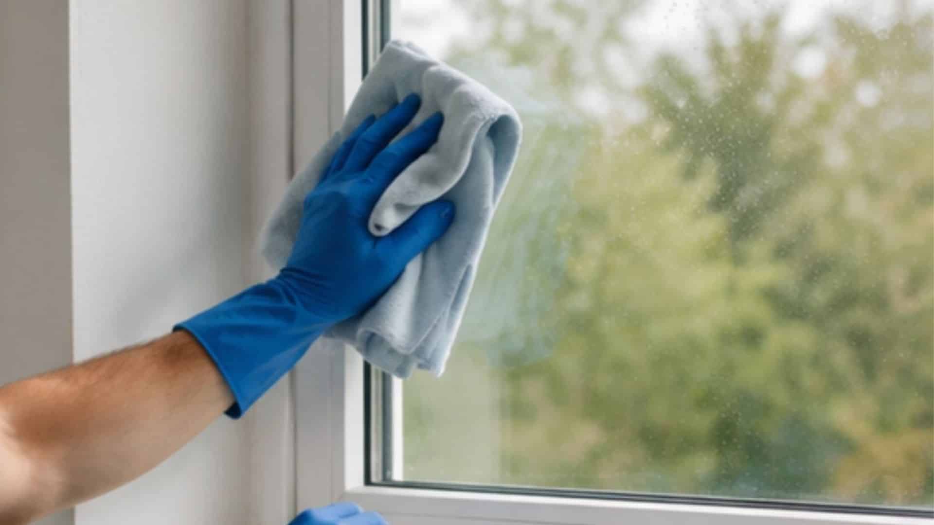 A person wearing gloves wipes a window frame with a cloth, removing dust and surface dirt before cleaning begins.