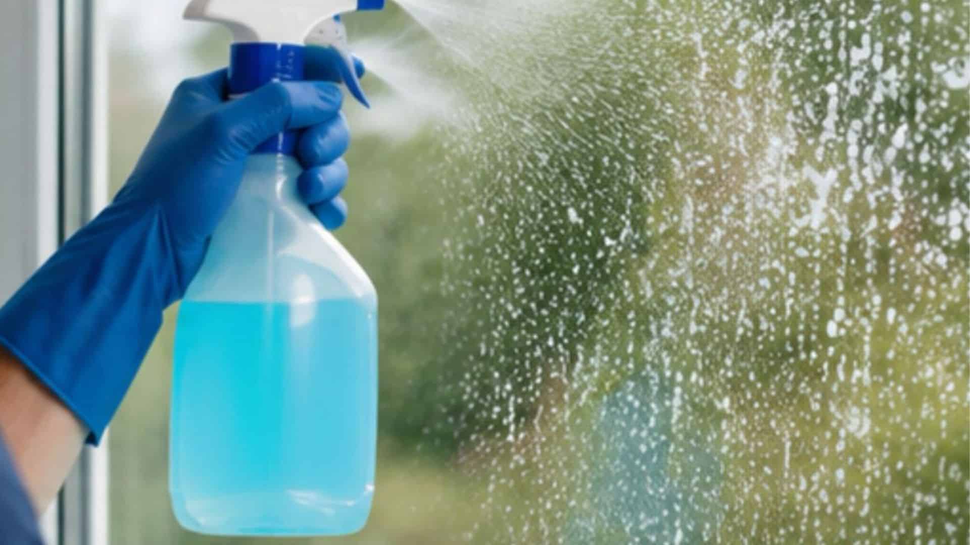 A person sprays a glass cleaner solution evenly onto a window using a spray bottle, covering the surface with a fine mist.