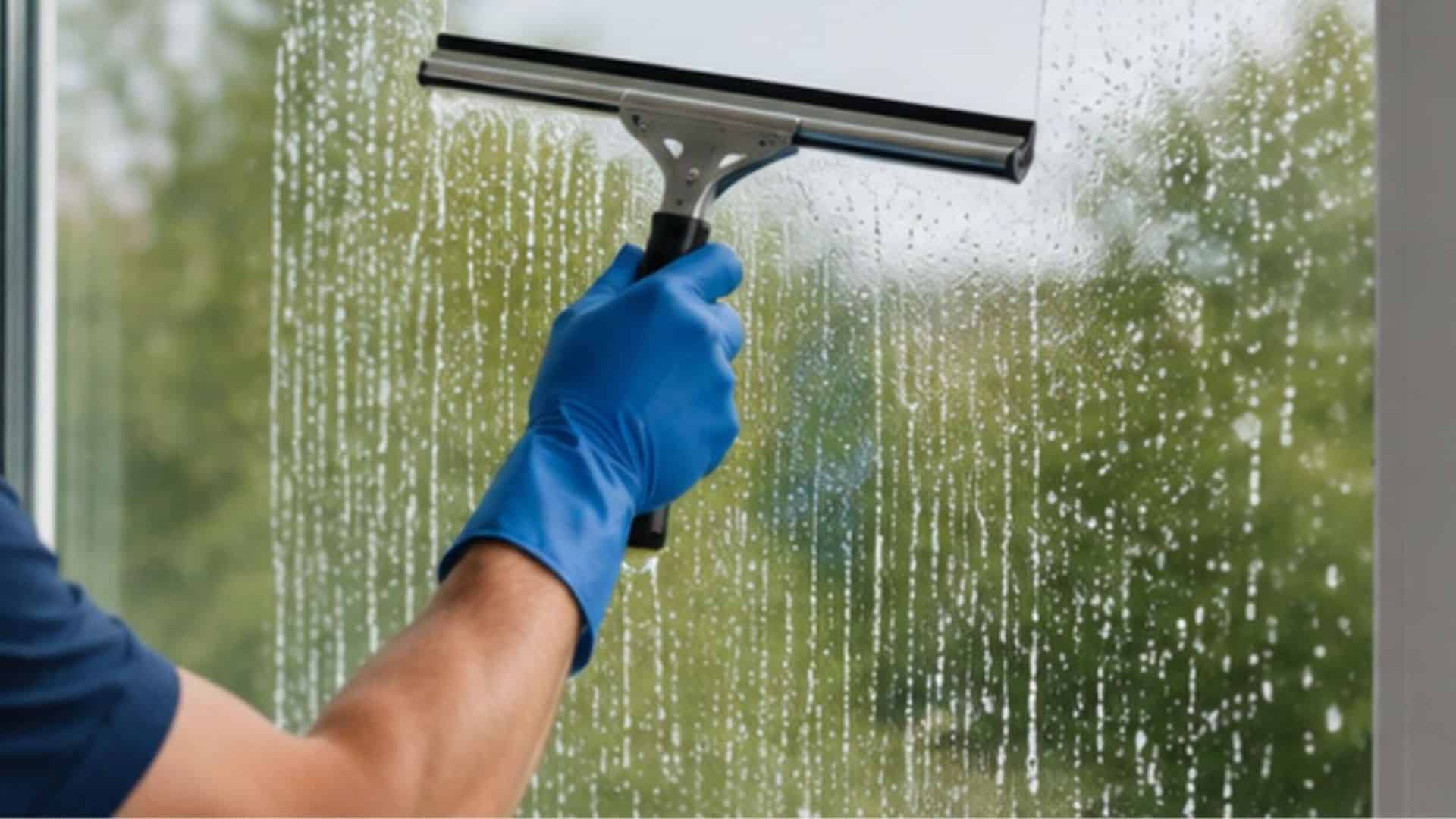 A person uses a squeegee on a wet window, pulling downward to remove cleaning solution and streaks from the glass.