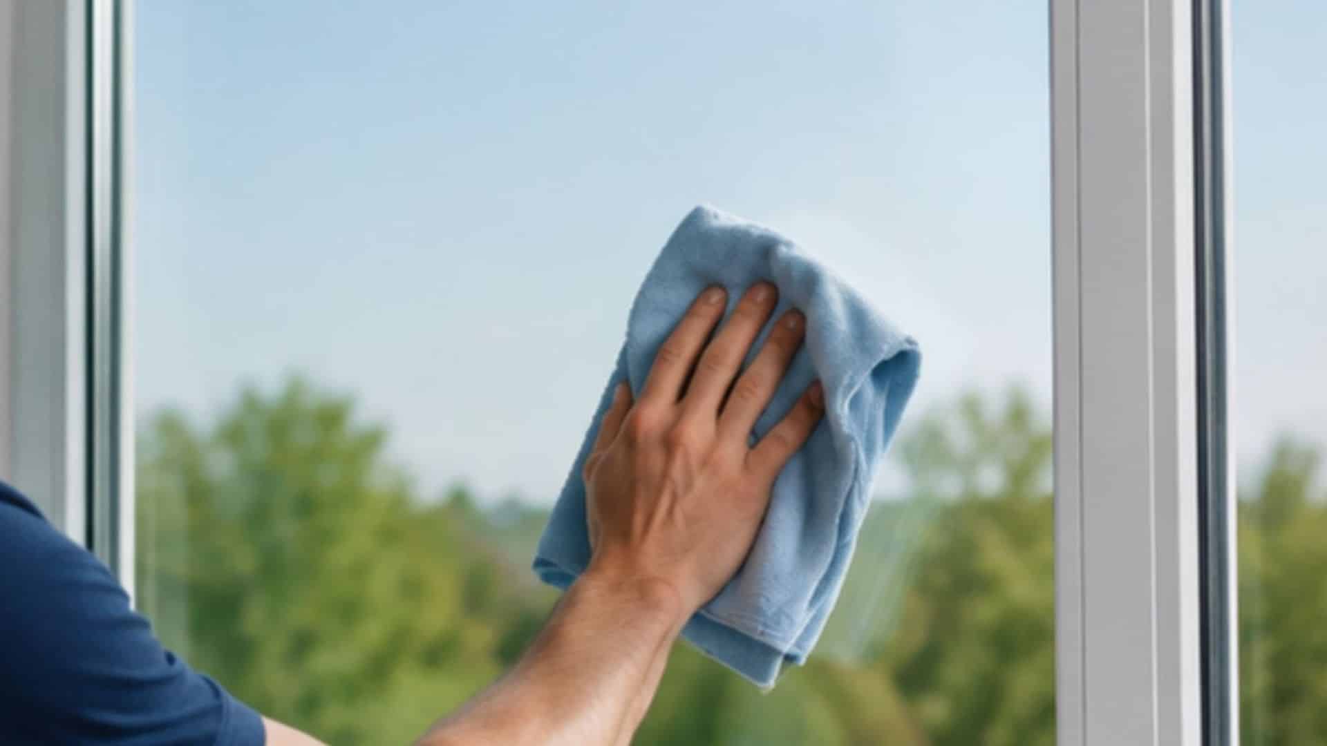 A person wipes the window glass with a dry cloth, polishing the surface to remove remaining moisture and achieve a clear finish.