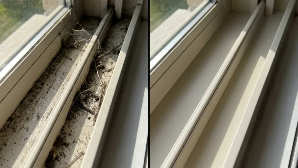 Before and after comparison of a dirty and clean window track in natural light