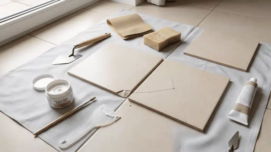 DIY tile repair setup showing chipped and cracked floor tiles with tools for fixing surface damage.