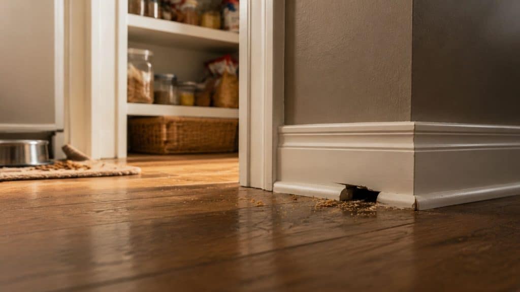 Realistic kitchen corner with baseboard gap and crumbs showing mouse entry point near pantry floor.
